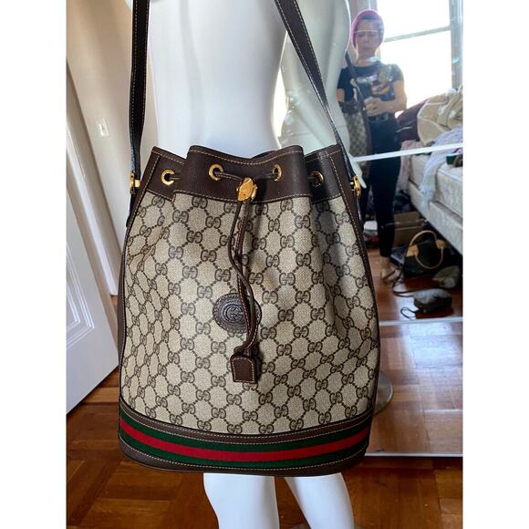 Vintage Gucci Monogram Bucket Bag with Web Stripe – Brown - Picture 4 of 14